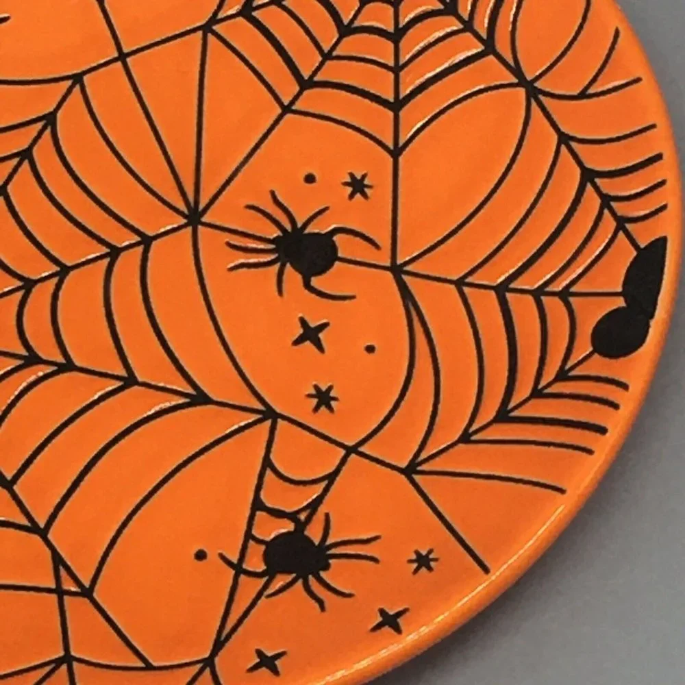 x4 Zrike DISNEY Halloween MICKEY MOUSE Orange Spiderweb Plate Set Appetizer NEW